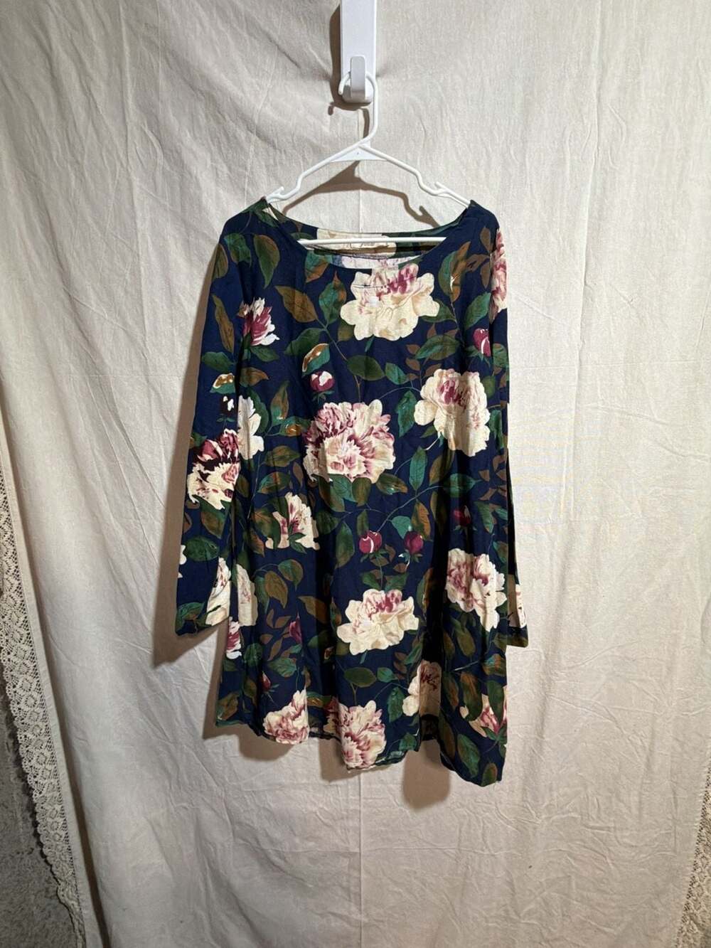 Yu Bao Plus Size Floral Print Long Sleeve Casual Tunic Dress